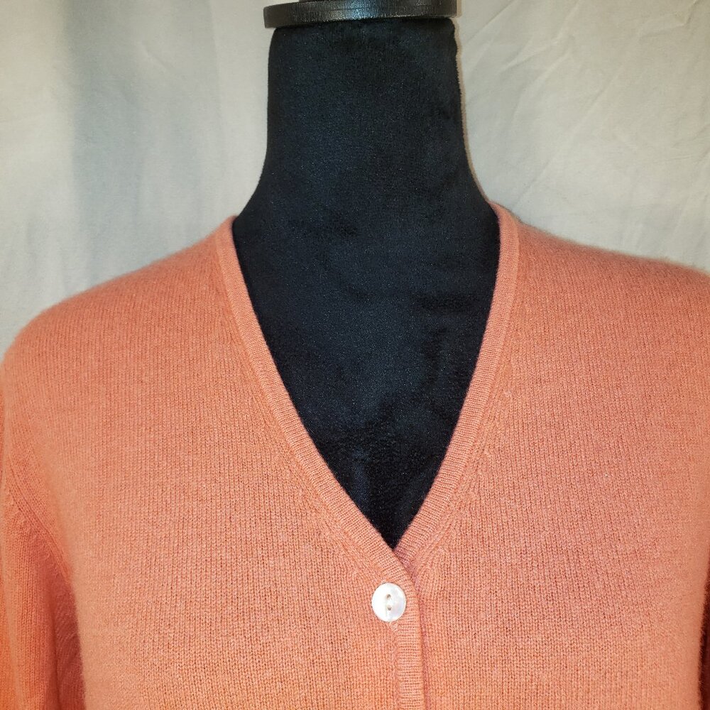 100% Cashmere V Neck Peachy Orange Cardigan Sweater - 8
